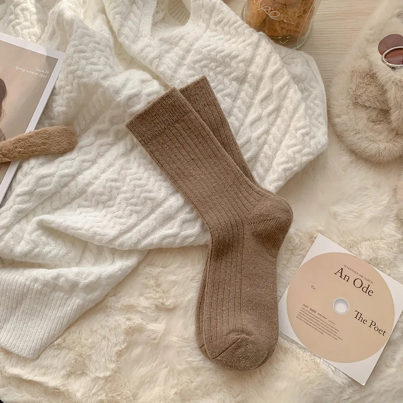 Lbsfy Cashmere Mid-calf Socks Women Korean Style Thickened Japanese Thermal Insulation Retro Wool Long Socks Autumn Winter