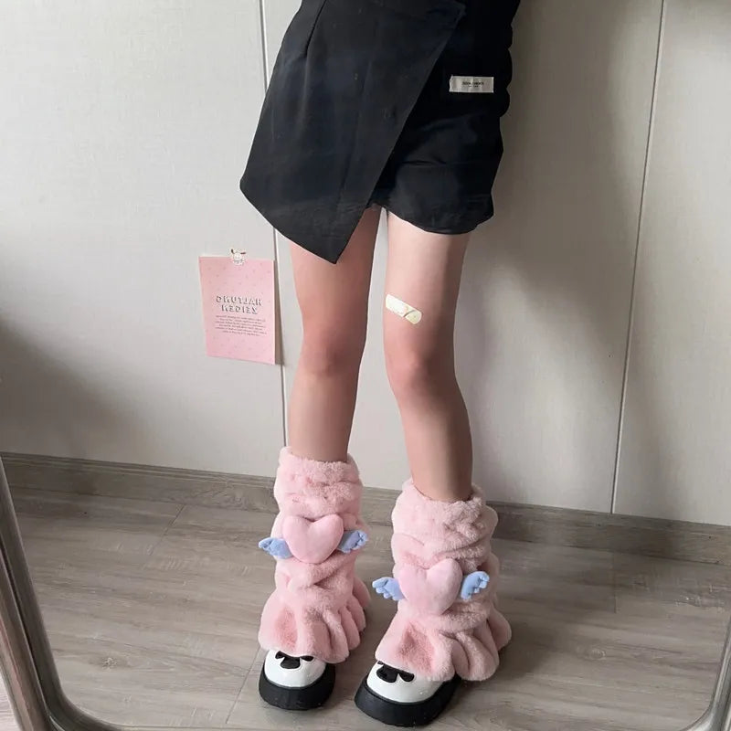Lbsfy Kawaii Pink Love Heart Fur Leg Warmers Winter Y2K Sweet Leg Covers Rabbit Bow Plush Fur Warm Harajuku Boot Cuffs JK Lolita Sock