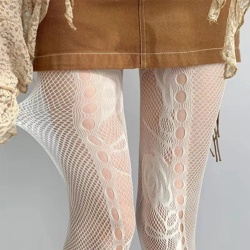 Lbsfy Y2K Floral Jacquard Sexy Stockings Women Gothic Punk Black Fishnet Pantyhose Harajuku Lolita Irregular Rose Holes Mesh Tights