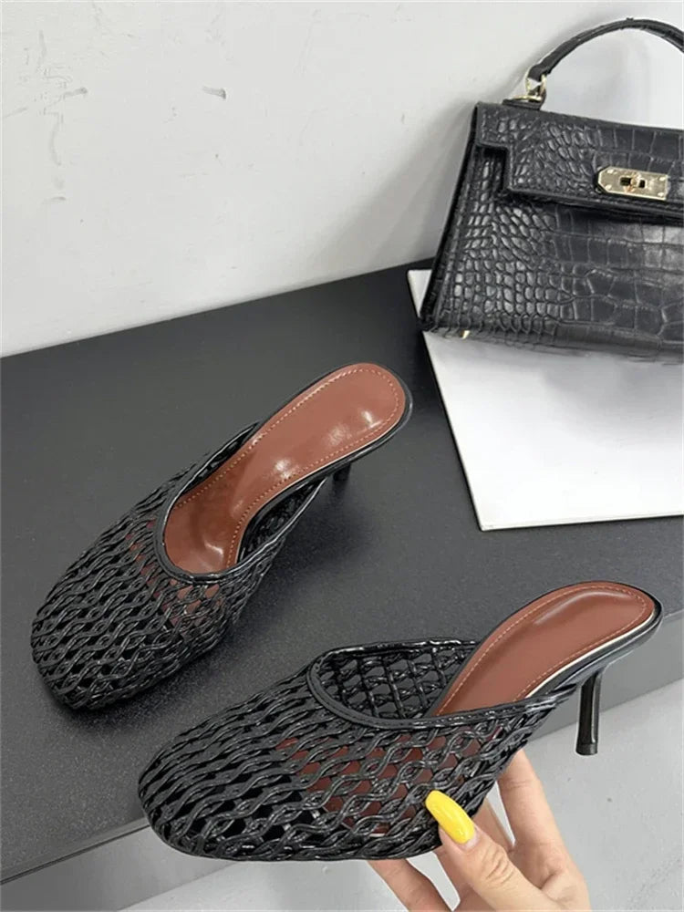 LBSFY -Summer Hollow Out Breathable Mesh Weaving Women Slippers Fashion Thin Heels Party Dress Mule Shoes Large Size 43