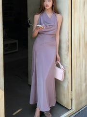 LBSFY -Spring Summer Elegant Purple Party Long Dresses For Woman French Fashion Vintage Swing-Collar Lace-up Slim New Dress Prom Female