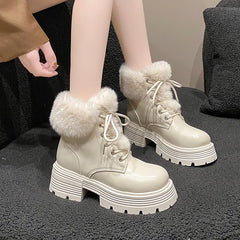 LBSFY  -  Winter Fluffy Fur Women Snow Boots Fashion Lace Up Short Booties Comfort Thick Heels Ladies Shoes