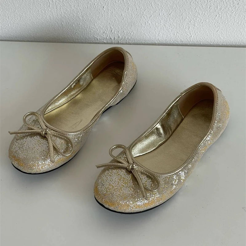LBSFY  -  Gold Ballet Flats Summer Soft Comfortable Shallow Mary Jane Round Toe Bow Ballet Shoes Little Blue Shoes
