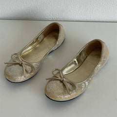 LBSFY  -  Gold Ballet Flats Summer Soft Comfortable Shallow Mary Jane Round Toe Bow Ballet Shoes Little Blue Shoes