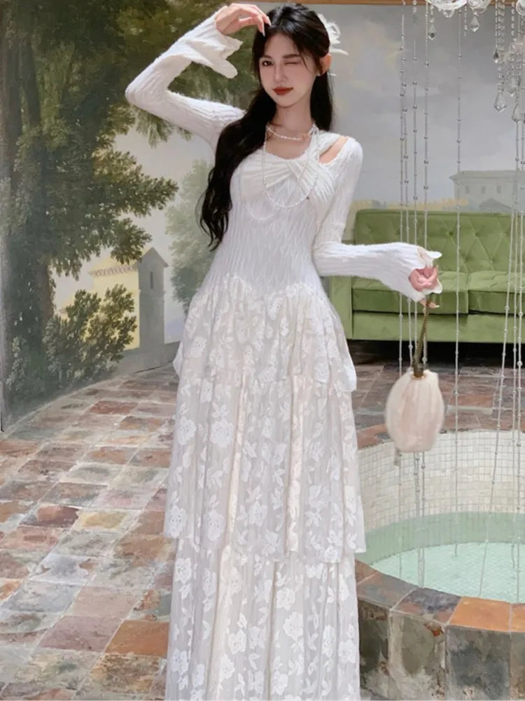 LBSFY -Elegant Fairy Womens Dresses Knitted Patchwork Flare Sleeves Princess Cake Long Dress Autumn Party Prom A-Line Vestidos Robe New