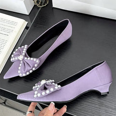 Lbsfy Bowknot Elegant Office Women Shoes Shallow Fashion Satin Pearl Low Heel Dress Shoes Pointed Toe Comfort Loafers Mules Shoes