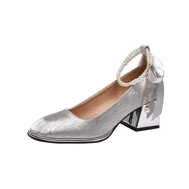 LBSFY  -  Spring Bling Mary Janes String Bead Shoes Women Bow Mid Heels Shoes 2024 Pumps New Mujer Wedding Fashion Elegant Zapatos Shallow