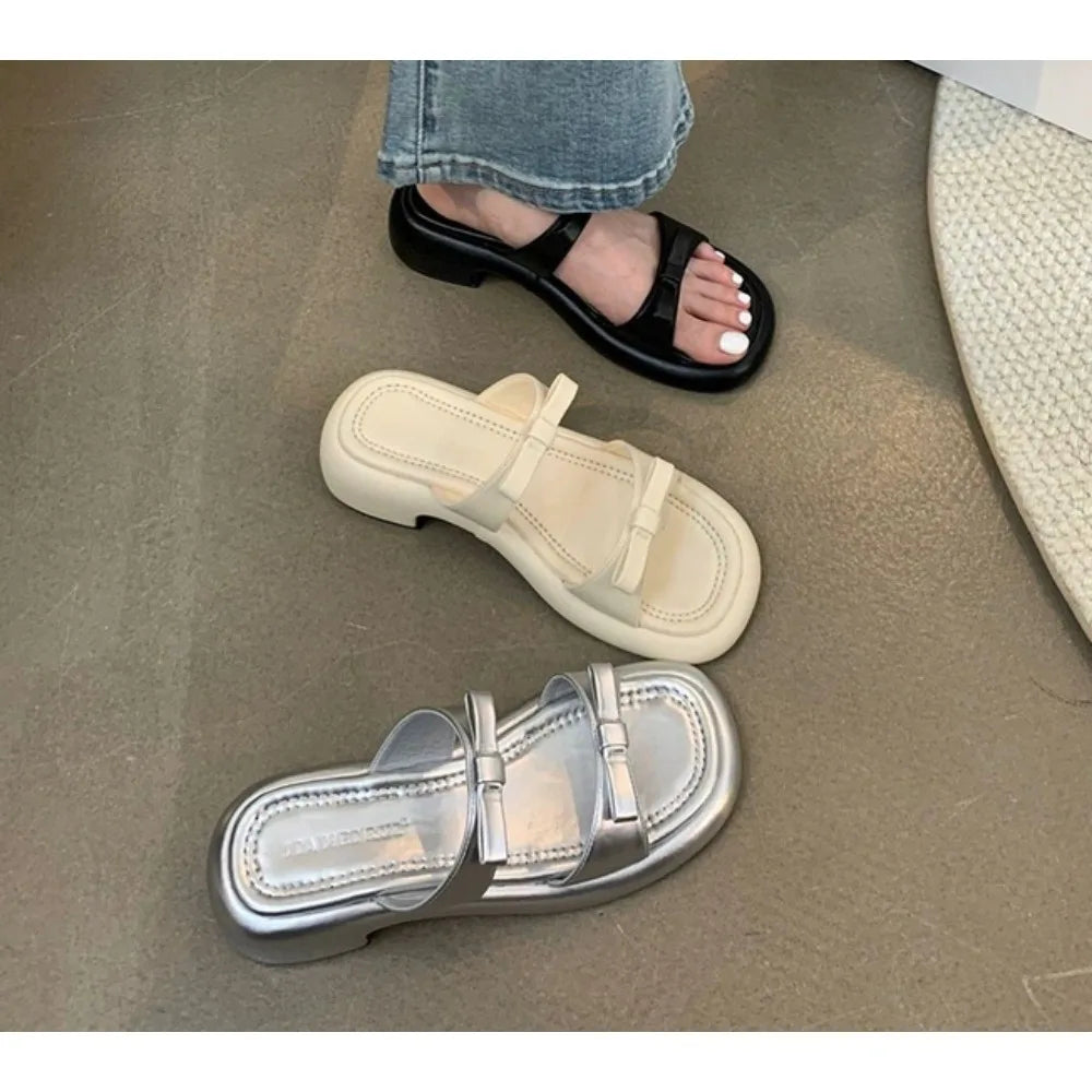 LBSFY -New Summer Women's Slippers 2025 Stylish Peep-toe Low Heel Silver Women's Comfortable Beach Shoes Sapatilas