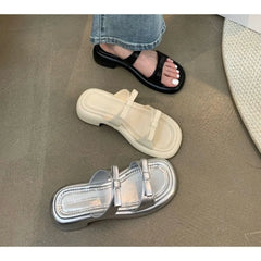 LBSFY -New Summer Women's Slippers 2025 Stylish Peep-toe Low Heel Silver Women's Comfortable Beach Shoes Sapatilas