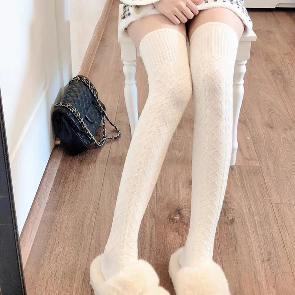 Lbsfy Wool Socks Woman Autumn/Winter Solid Color Thigh High Medias Lolita Thick Warm Stockings Black White Long Leg Socks for Female