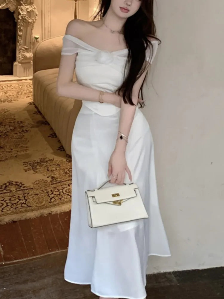 LBSFY -Elegant Slash Neck Stain Mesh Top+Skirt Suits Women Fashion Evening Party Prom A-Line Skirts Female Casual Outfits Two Piece Set
