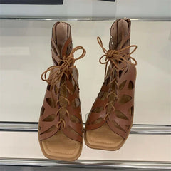LBSFY -Design Style Hollow Out Flat Heels Woman Boot Sandals Summer Square Toe Zipper Casual Party Dress Gladiator Shoes