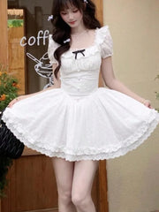LBSFY -Chic 2025 Summer Sweet Lace Spliced Birthday Party Dress Women Square-Collar High Waist Bubble Short Sleeve A-Line Short Dresses