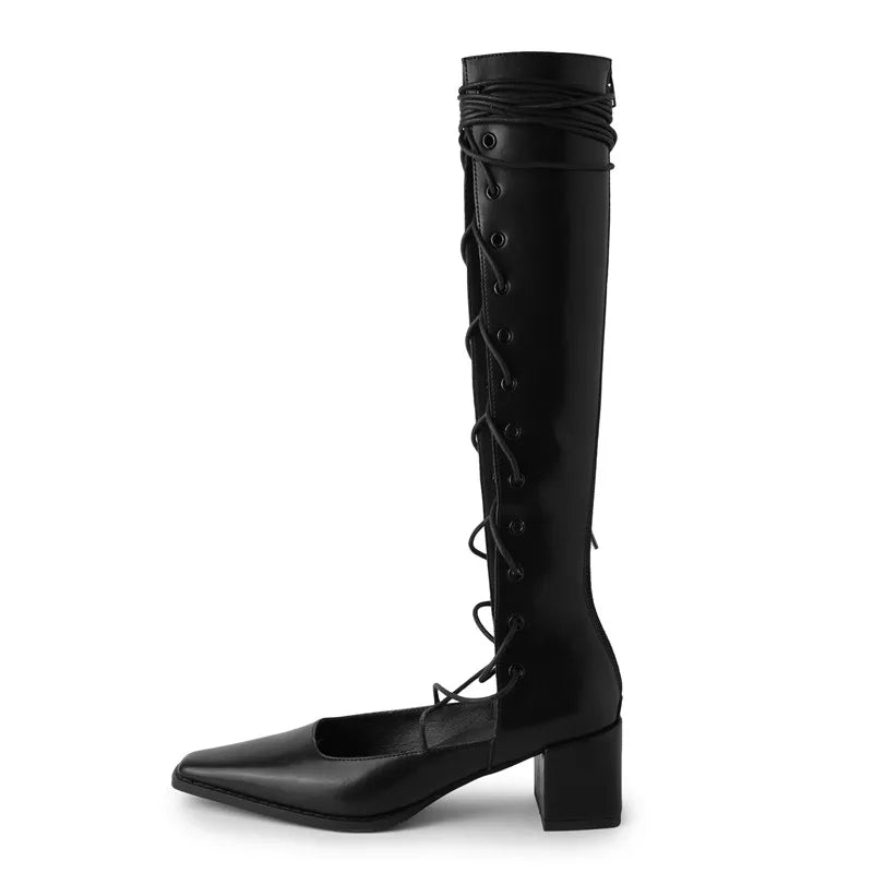 LBSFY  -  Fashion Knee Length Boots Women's New High-Quality Genuine Leather Roman Cross Strap Summer Open Leather Sandals Boots