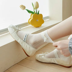 Lbsfy Summer Cool Thin Socks Woman Solid Color Bowknot Lace Glittering and Translucent Low Tube Casual Black White Socks for Women