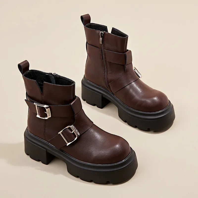 LBSFY  -  British Cow Leather Metal Buckle Women's Ankle Boots Designer Casual Shoes for Women Fashion Spring Autumn Platform Boots Female