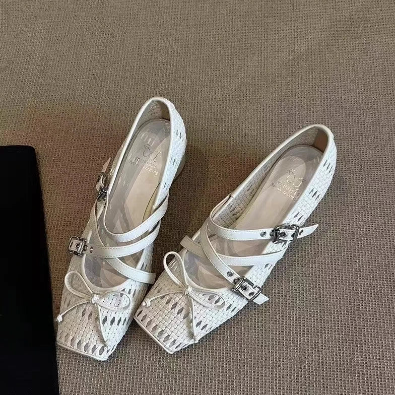 LBSFY -Square Toe, Thick Heel High Heels, Butterfly Bow, Mary Jane Shoes, Women's Hollow Out, Breathable, Mid Heel, High-heeled Sandals