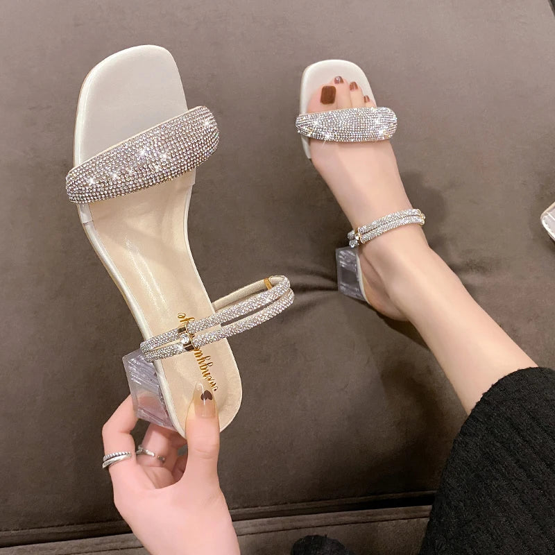 LBSFY -Shiny Gold Silver Women's Sandals Summer Crystal High Heels Party Shoes Woman Comfortable Thick Heel Slides Sandalias Mujer