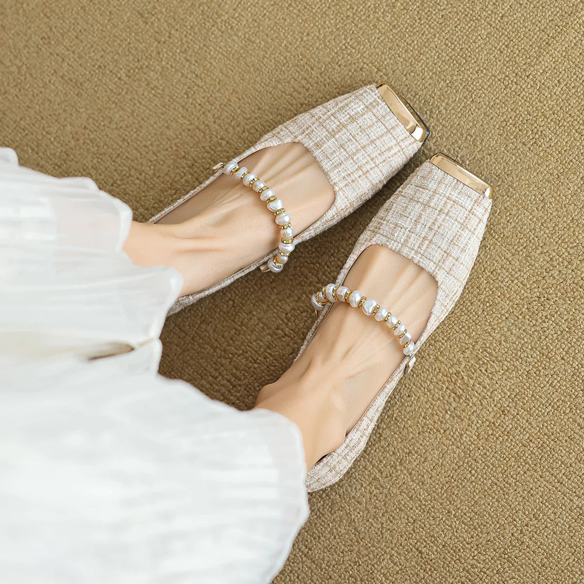 LBSFY -Elegant Tweed Cloth Ballet Shoes Ladies Square Metalic Toe Flats Pearl Beading Loafers Plaid Designer Office Dress Shoes Woman