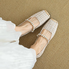 LBSFY -Elegant Tweed Cloth Ballet Shoes Ladies Square Metalic Toe Flats Pearl Beading Loafers Plaid Designer Office Dress Shoes Woman