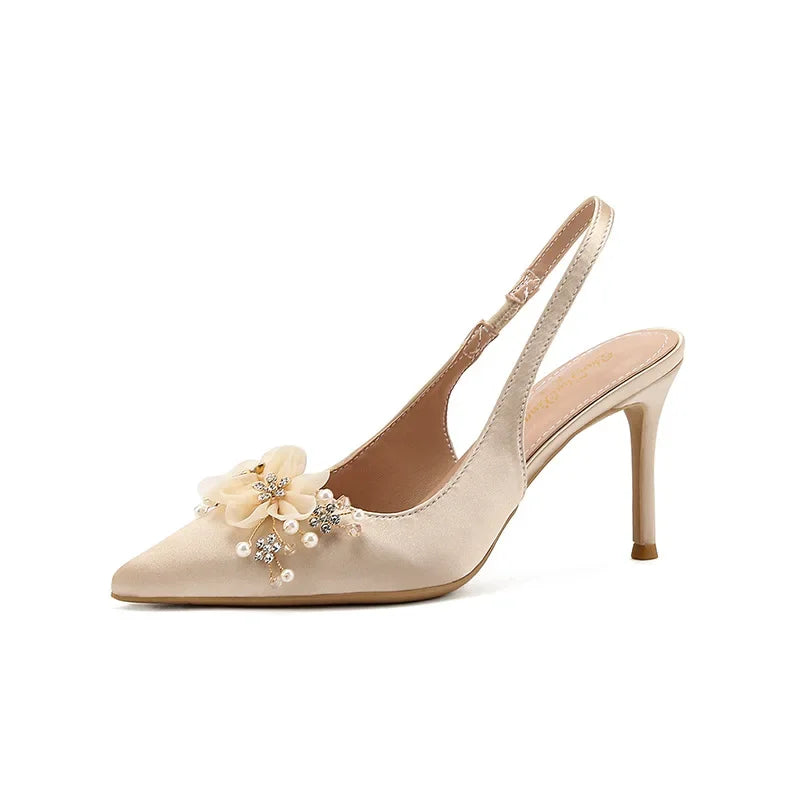 LBSFY  -  New Silk Champagne High Heels Thin Heels, Pointed Toe Shallow Mouth Baotou Back Hollow French Sandals Pearl Flower Wedding Shoes