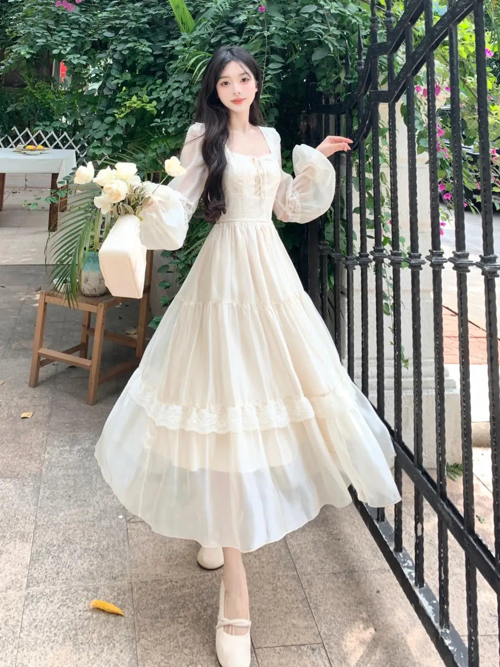 LBSFY -French Ruffle Lace Midi Dress Elegant Fairy Square Neck Long Sleeve A-line Vestidos Casual Slim Evening Party Solid Mujers Robe