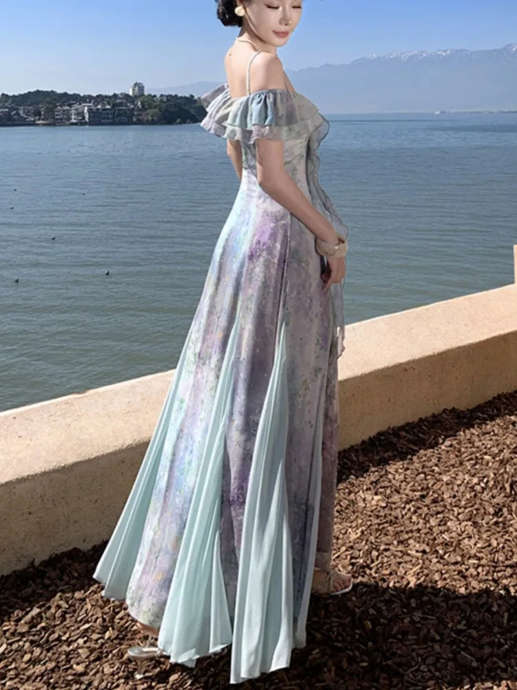 LBSFY -Summer Print Fairy Slash-Neck Ruffles Chiffon Long Dress Elegant French Romantic Princess Slim Waist Sling Dresses 2025 Robe