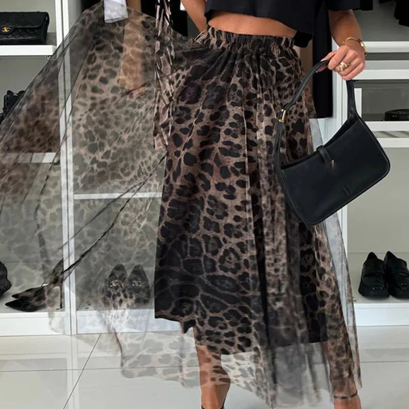 LBSFY  -  Women's Fashion Club Party Slim Half Skirts New Autumn Leopard Print Pleated Skirts Elegant Elastic High Waist Mesh Long Skirt
