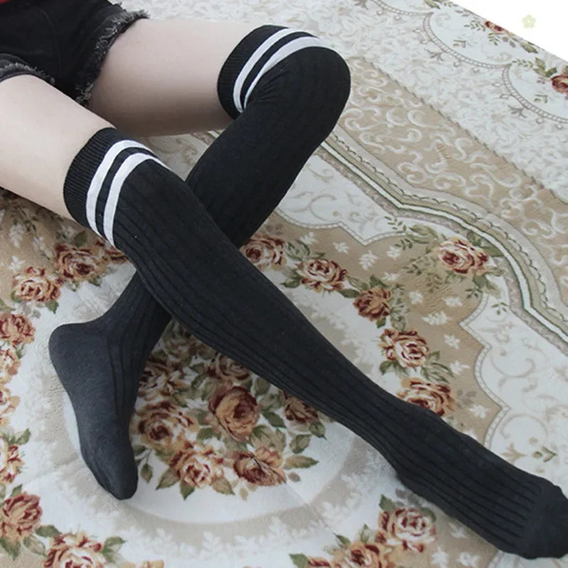 Lbsfy Women Striped Cotton Long Socks Japanese JK Black White Knee High Stockings Students Girls Solid Color Long Tube Leg Warm Socks
