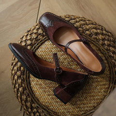 LBSFY  -  Genuine Leather Mary Jane Women's Shoes Fashion Retro Buckle Shallow Pumps Square Toe Thick Heel Handmade Shoes Woman Size 34-40