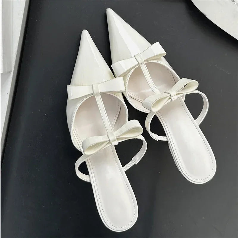 LBSFY -Spring Summer Butterfly-Knot Patent Leather Pointed Toe Women Slippers Fashion Thin Heels Elegant Pumps Mules Shoes