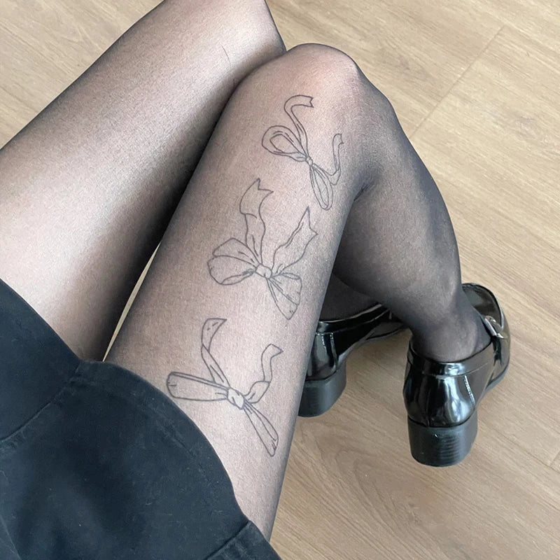 Lbsfy Y2K Lolita Bow Tie Printed Silk Stockings Tattood Print Pantyhose Hosiery Thin Summer Japanese Socks JK Cosplay Party Tights