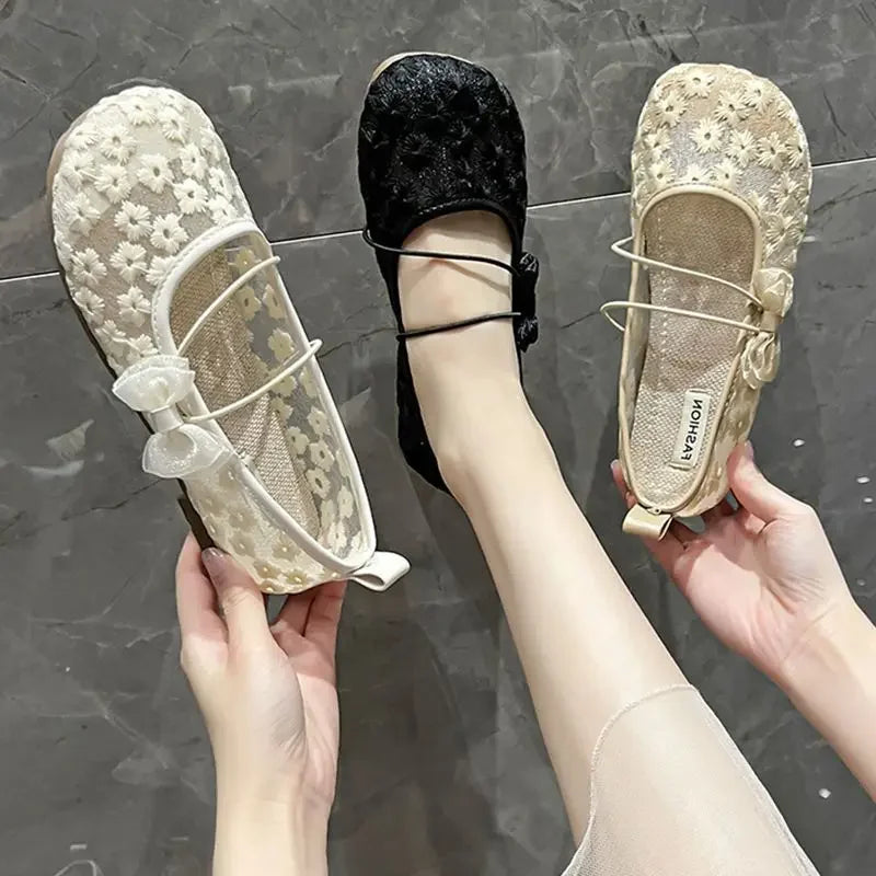 LBSFY  -  Off-white Mesh Japanese Style Lolita Cute Gothic Shoes for Women Kawaii Flat Flats Low Heel Elegant Round Toe Mary Jane on Offer