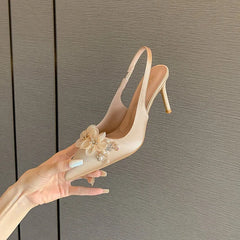 LBSFY  -  New Silk Champagne High Heels Thin Heels, Pointed Toe Shallow Mouth Baotou Back Hollow French Sandals Pearl Flower Wedding Shoes