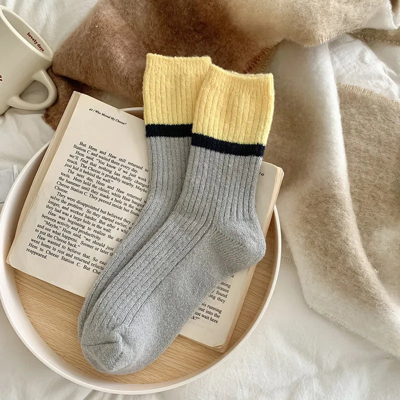 Lbsfy Wool Winter Thick Warm Cute Socks Cotton Korean Wool Stripe Designer Socks Middle Tube Kawaii Casual Harajuku Women Socks