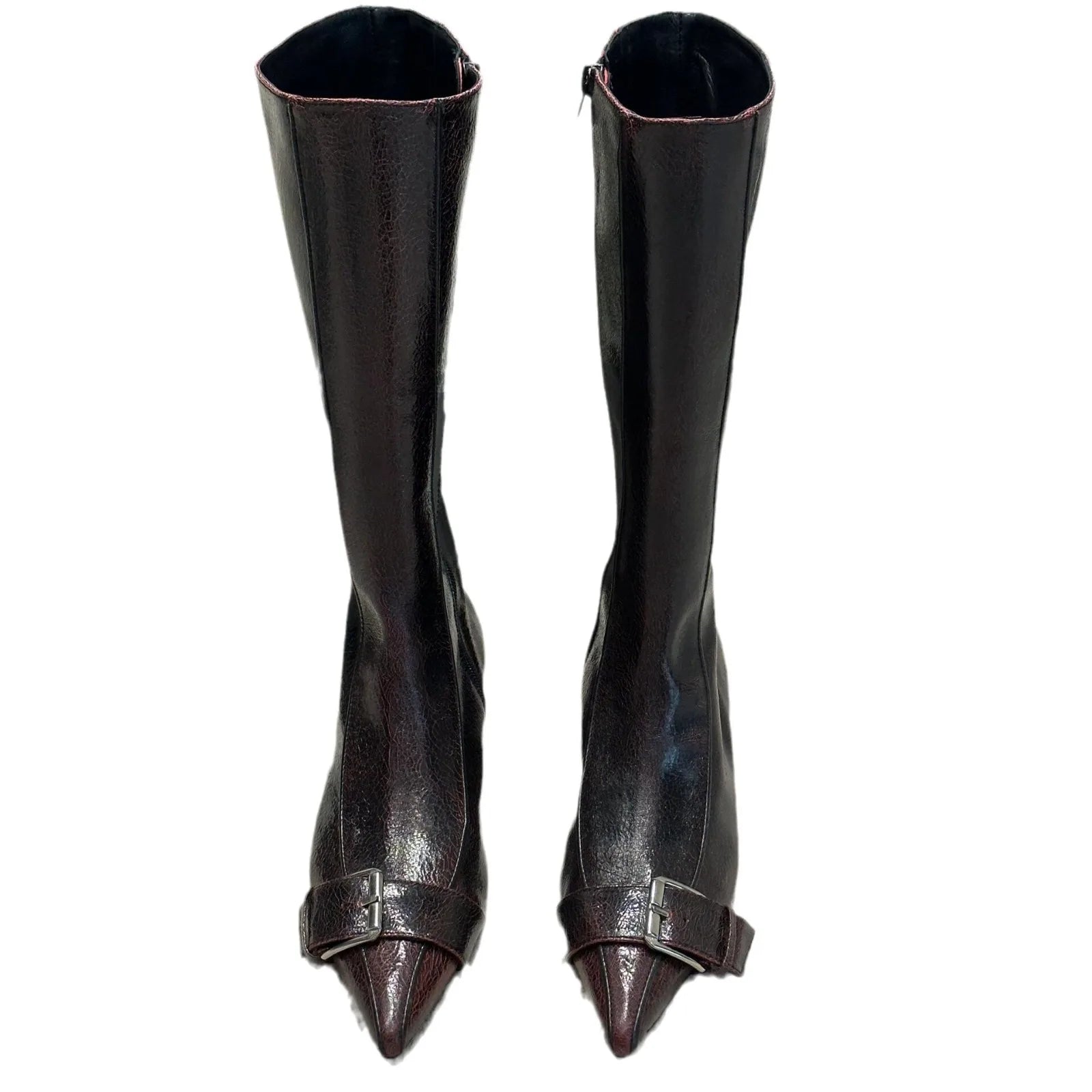 LBSFY  -  Retro Belt Buckle Long Tube Boots for Women with Thick Heels and Pointed Side Zippers, Slimming and Versatile Fashion Boots