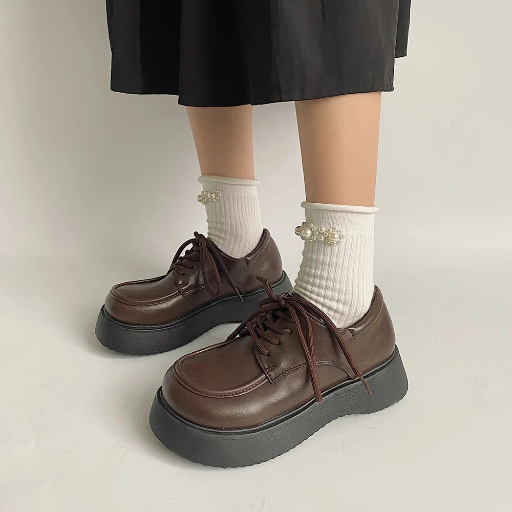 LBSFY -Chunky Pumps Platform Oxfords Shoes for Women 2025 Spring  Lace Up Flats Woman Thick Bottom Patent Leather Gothic Loafers Shoes