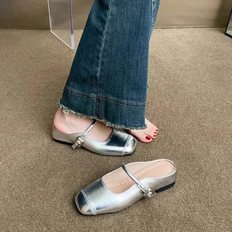LBSFY -Women's Flat Bottom Slip-On Summer Shoes to Match Skirts Square Head Outdoor Wear Rubber Sole Leisure Style Footwear