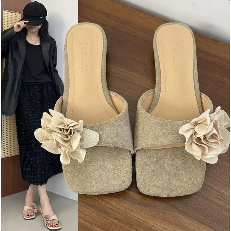 LBSFY -Women French Flowers Slippers Summer Slides Open Toe Flat Casual Shoes Leisure Sandal Female Vacation Beach Flip Flops