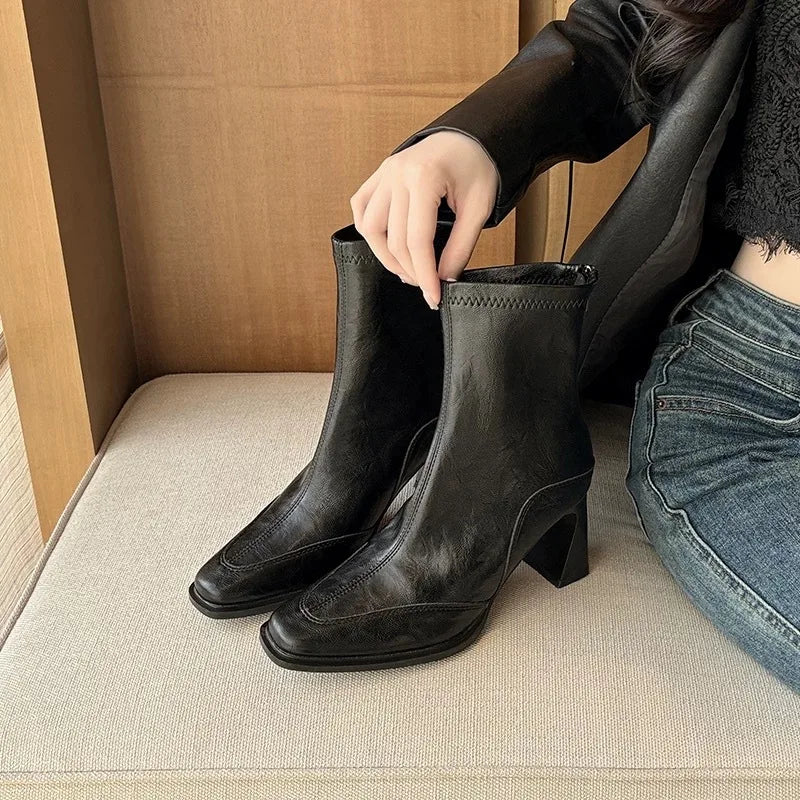 LBSFY -2025 Vintage High Heel Women Ankle Boots Fashion Square Toe Short Booties Autumn Winter Ladies Shoes Botas Mujer