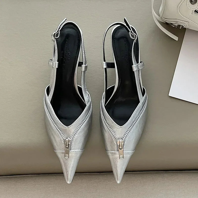 Lbsfy Pointed Toe Mules Pump Women Zip Design Slingbacks High Heels Female Footwear Fashion Summer Elegant Brand Shoes Women