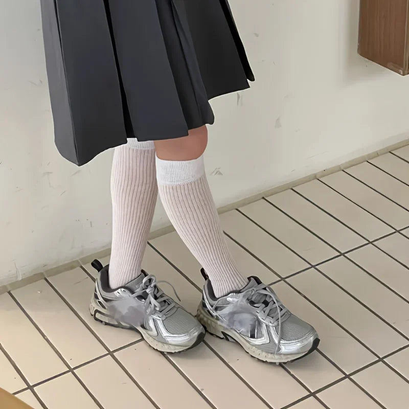 Lbsfy Women Stacking Socks Soild Color Thin Calf Long Socks Summer Autumn Vertical Stripe 스타킹d Stockings Ins Style Korean Y2k Cotton