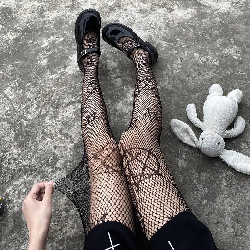 Lbsfy Lolita Girls Cute Pentacle Print Tights Women Sexy Gothic Punk Magical Five-Pointed Star Mesh Fish Net Pantyhose Body Stockings