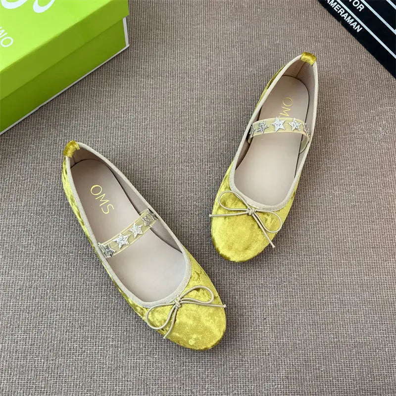 LBSFY  -  Velvet Ballet Flats Shoes for Women Star Decor Elegant Bow Mary Janes Shoes Soft Leopard Print Loafers Ladies Shoes on Offer