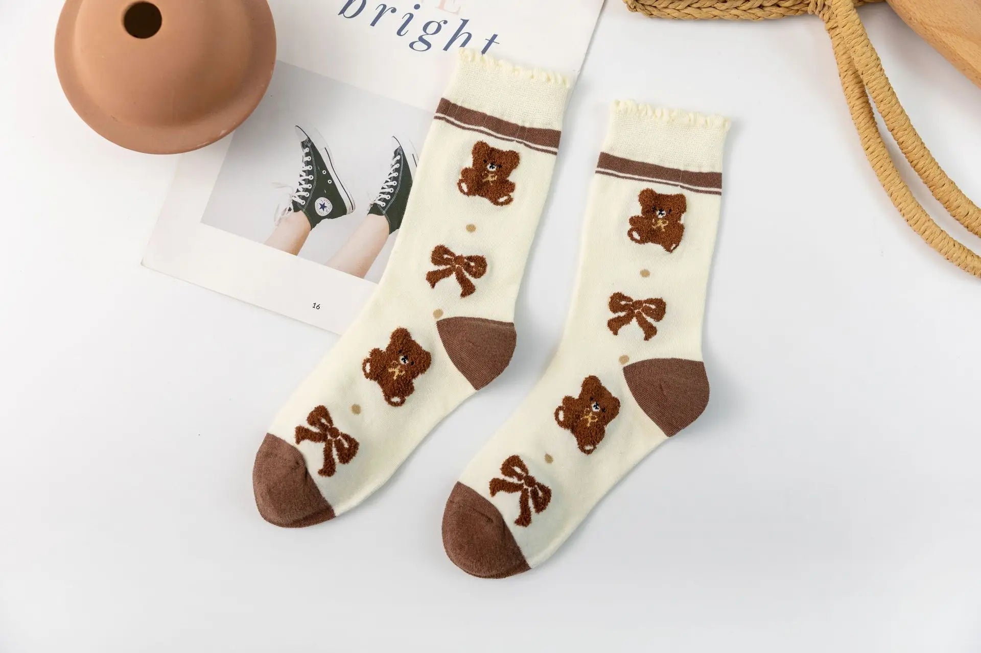 Lbsfy Ruffled Socks Women's Mid-tube Striped Dot Socks Spring Autumn Cotton Japanese Style Cute Kawaii Cartoon Bear Ladies Sports Soks