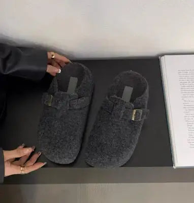 LBSFY -Fashion Women Slippers Mules Fur Women Shoes Winter Buckle Flats Platform Walking Plush Ladies Slides Casual Warm Indoor Boots