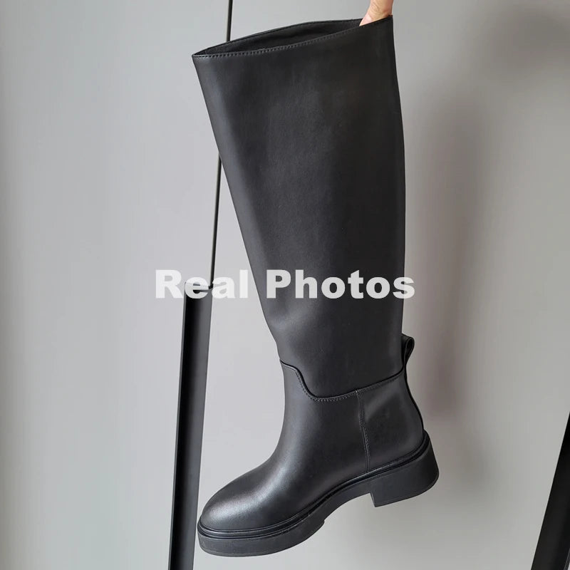 LBSFY  -  2024 Ins Genuine Leather Knee High Boots For Women Thick Heeled Autumn Winter Warm Shoes Woman High Motorcycle Boots