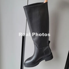 LBSFY  -  2024 Ins Genuine Leather Knee High Boots For Women Thick Heeled Autumn Winter Warm Shoes Woman High Motorcycle Boots