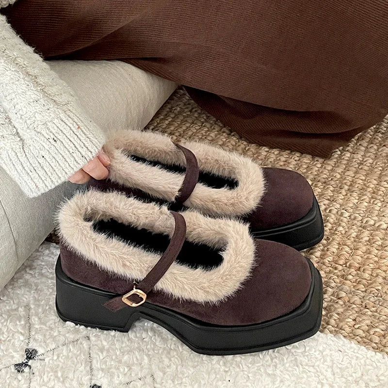 LBSFY  -  Square Toe Chunky Women Mary Jane Shoes Fashion Shallow Buckle Casual Outdoor Platform Thick Heels Warm Shoes