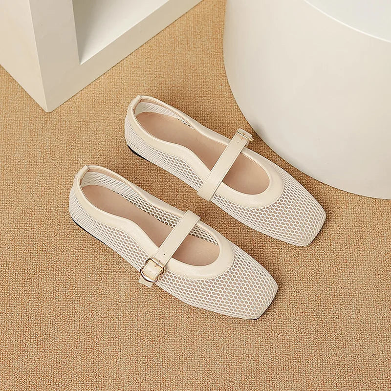 LBSFY  -  Fashion Square Toe Mesh Ballet Flats Buckle Strap Mary Janes Breathable Hollow Out Single Shoes Female Flat Bottom Casual Shoes